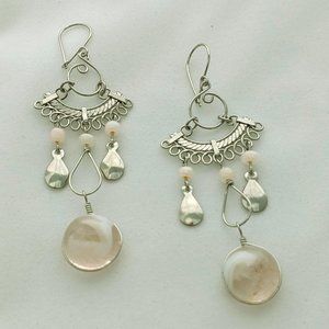 NEW Silver Tone Pink Quartz Stone Dangle Earrings